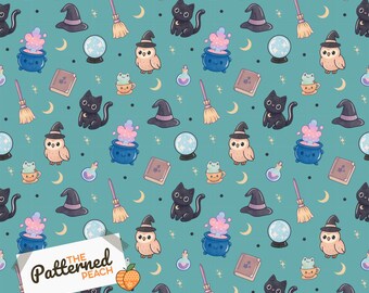 Whimsy Witchcraft Hand Drawn Halloween Seamless Pattern | Cats, Owls, Frogs | Instant Download