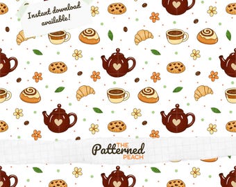 Cozy Cafe Seamless Pattern | Hand Drawn Coffee, Croissants, Cookies, Cinnamon Swirls, Coffee Beans, Teapots, Mugs (Digital Download)