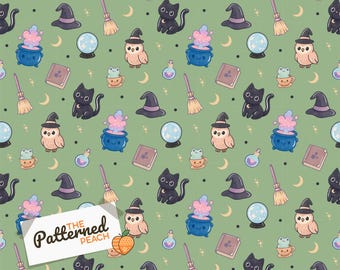Whimsy Witchcraft Hand Drawn Halloween Seamless Pattern PNG | Cats, Owls, Frogs | Instant Download