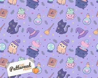 Hand Drawn Purple Halloween Seamless Pattern | Kawaii Cauldrons, Cats, Owls, Frogs (Digital Download)