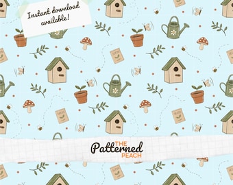 Blue Cottage Garden Seamless Pattern | Hand Drawn Birdhouses, Bees, Butterflies, Leaves, Mushrooms, Seeds, Watering Cans | Digital Download