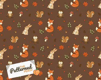 Autumn Woodland Animals Seamless Pattern | Foxes, Rabbits, Owls and Squirrels | Cocoa Background | Digital Download