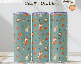 Woodland Animals 20oz Skinny Tumbler Wrap PNG | Seamless Design | Whimsical Autumn Tumbler | Digital Download