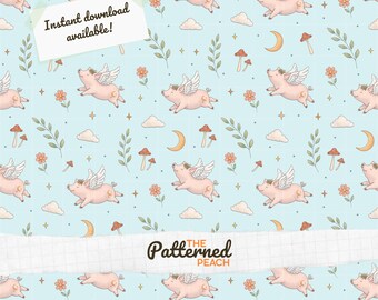 Moonlit Piggies | Winged Pigs Seamless Pattern | Whimsical Themed | Digital Download |