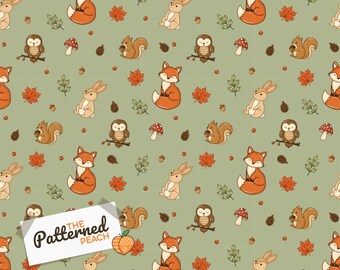 Autumn Woodland Animals Seamless Pattern | Sage Background | Foxes, Rabbits, Owls and Squirrels | Digital Download