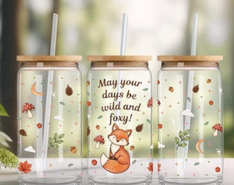 Fox Glass Can Wrap PNG | 16 oz Sublimation Design | Autumn Woodland Art