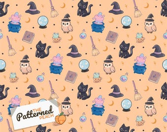 Whimsy Witchcraft Hand Drawn Seamless Pattern | Halloween Kawaii Digital Paper | Instant Download