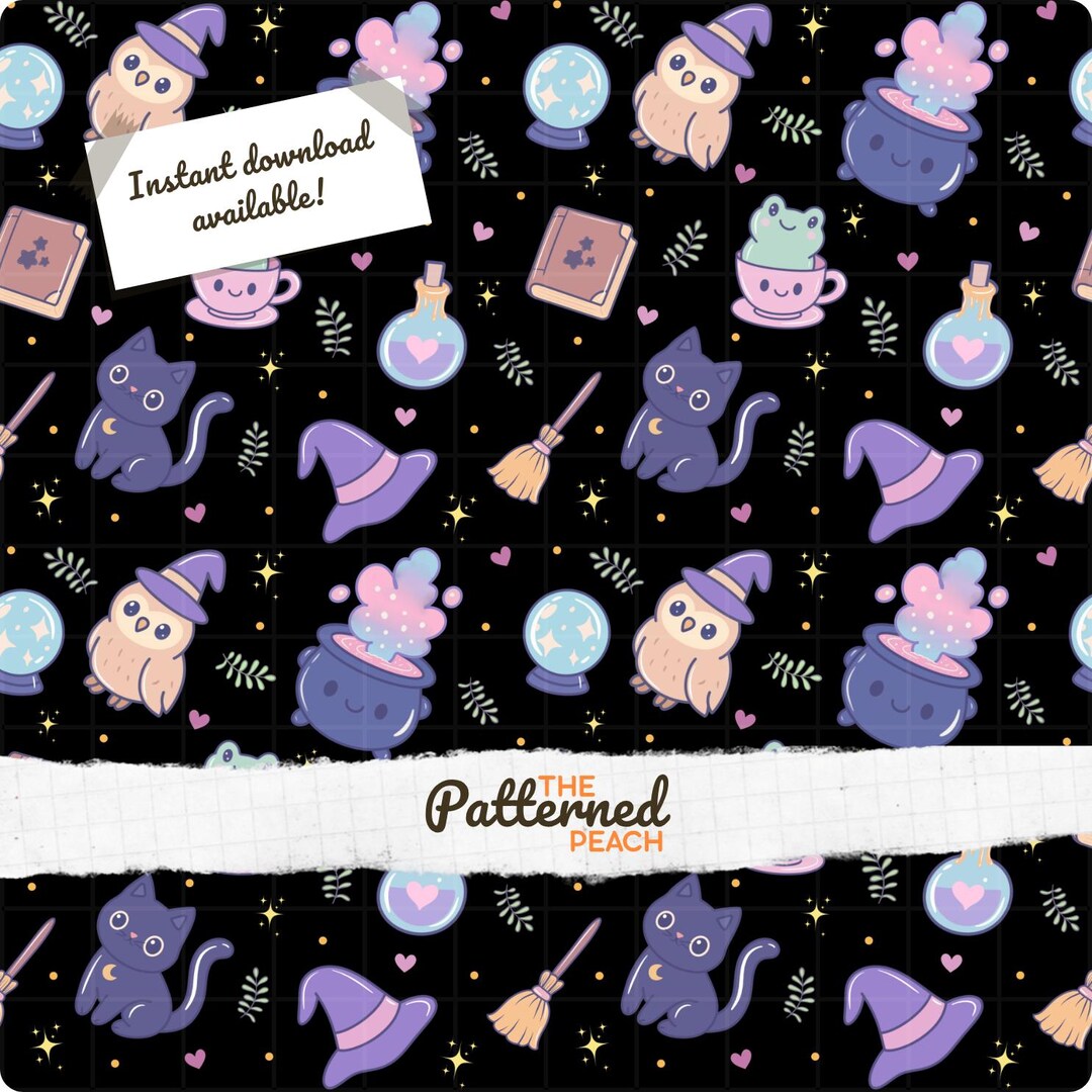 Halloween Witchy Magic Seamless Pattern Pastel Black Background | PNG ...