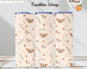 Moth Magic Tumbler Wrap | Hand Drawn Boho Celestial Design (Digital Download)