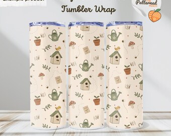 Cottage Garden Tumbler Wrap | Hand Drawn Birdhouses, Bees, Butterflies, Mushrooms, Seeds, Watering Cans, Plants (PNG Digital Download)