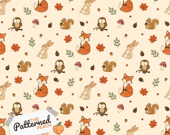 Autumn Woodland Animals Seamless Pattern | Foxes, Rabbits, Owls and Squirrels | Digital Download