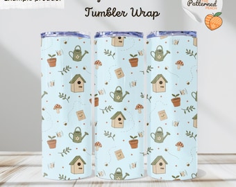 Blue Cottage Garden Tumbler Wrap | Hand Drawn Birds, Bees, Butterflies and More! (Digital Download)