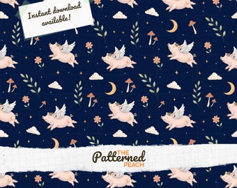 Moonlit Piggies | Flying Pigs Seamless Pattern | Whimsical Themed | Night Sky | Digital Download |