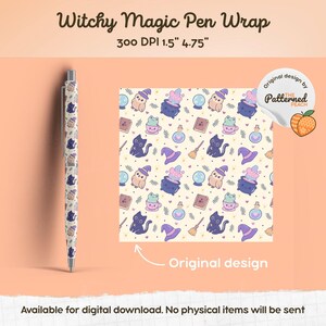 May include: A pen wrap with a whimsical witchy design. The pen wrap features a repeating pattern of cats, cauldrons, frogs, books, and witch hats. The pen wrap is 1.5 inches wide and 4.75 inches long.