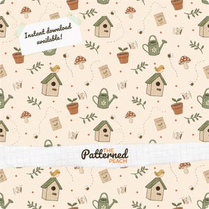 Cottage tuin naadloos patroon | Handgetekende nestkastjes, bijen, vlinders, bladeren, champignons, zaden, gieters | Digitale download