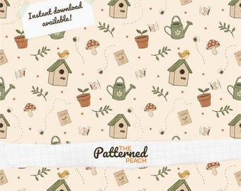 Cottage Garden Seamless Pattern | Hand Drawn Birdhouses, Bees, Butterflies, Leaves, Mushrooms, Seeds, Watering Cans | Digital Download