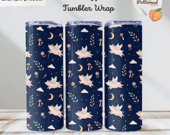 Moonlit Piggies 20oz Tumbler Wrap PNG | Flying Pigs in Night Sky | Whimsical Design | Digital Download