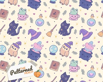 Halloween Witchy Magic Seamless Pattern | Pastel Yellow Background |  PNG Digital Download For Commercial Use