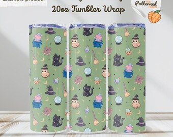 Whimsy Witchcraft Tumbler Wrap | Halloween Sublimation Design | Olive Green Background | Digital Download
