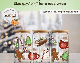 Hand Drawn Christmas Bakery Glass Can Wrap | Gingerbread, Cocoa, Yule Logs, Candy Canes | PNG Sublimation File (Digital Download)