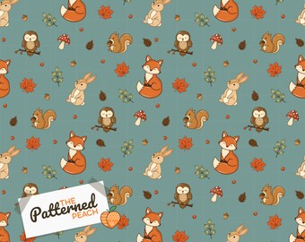 Autumn Woodland Animals Seamless Pattern | Dusty Teal Background | Digital Download