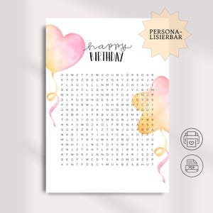 May include: A white birthday-themed word search puzzle with the words "happy BIRTHDAY" in elegant script. Two watercolor balloons in pink and yellow hues adorn the top. The puzzle includes the text "PERSONA-LISIERBAR".
