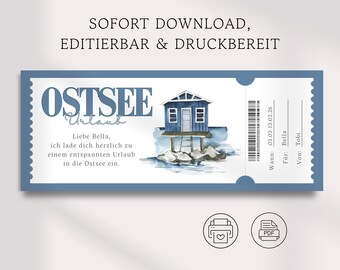 Modelo de voucher de viagem para o Mar Báltico, voucher de presente personalizável para impressão, presente para família, voucher de viagem para férias