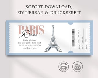 Modelo de voucher de viagem para Paris, voucher de presente personalizável para impressão, bilhete digital, voucher de viagem para férias