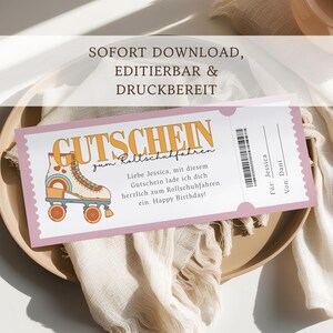 May include: A pink gift voucher with the word "GUTSCHEIN" in gold lettering and a retro roller skate illustration. The voucher includes German text and is designed for a birthday gift.