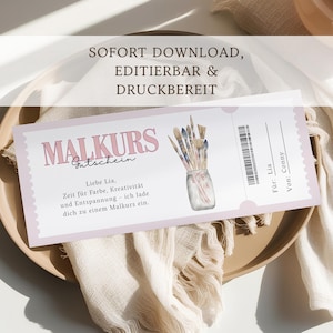 Puede incluir: Un vale de regalo rosa claro con el texto "MALKURS Gutschein" y una ilustración de acuarela de pinceles en un tarro. El certificado incluye el texto "SOFORT DOWNLOAD, EDITIERBAR & DRUCKBEREIT".