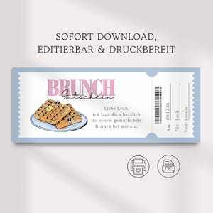 Könnte beinhalten: Ein hellblaues Brunch-Ticket mit einem rosa "BRUNCH"-Header und einer Waffel-Illustration. Das Ticket enthält den Text "SOFORT DOWNLOAD, EDITIERBAR & DRUCKBEREIT" und "Liebe Leah, ich lade dich herzlich zu einem gemütlichen Brunch bei mir ein."