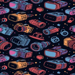May include: A repeating pattern of vintage cameras and related equipment in various colors, including orange, blue, and pink, on a dark background. The design features cameras, lenses, and other photography accessories, creating a retro aesthetic.