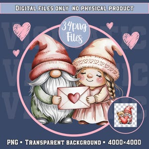 Valentine Gnome PNG Clipart, 35 Designs, Transparent Background, Tote Bag Sublimation Sticker PNG