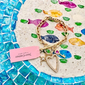 Juicy Couture Gold Tone Rhinestone Heart & Key Charm Bracelet