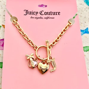 Juicy Couture Gold Plated Pink Gem, Heart & &quot;J&quot; Charm Adjustable Necklace