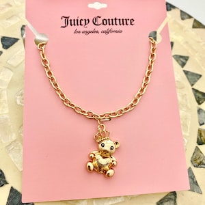 Juicy Couture Gold Plated Teddy Bear Crown Charm Adjustable Necklace