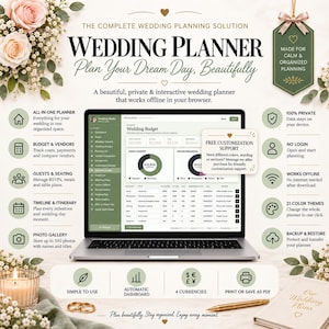 Op de afbeelding: Digitale trouwplanner-software weergegeven op een laptopscherm, met budgetbeheer, leveranciersbeheer, gastenlijsten en fotogalerijen. De interface bevat tekstlabels voor functies zoals offline toegang, privacy en ondersteuning bij aanpassingen.