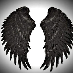 Può includere: Un paio di ali d'angelo nere e dettagliate su uno sfondo sfumato bianco e grigio. Le piume sono rappresentate meticolosamente, creando una texture. Il design evoca un tema gotico o fantasy, con attenzione ai dettagli.