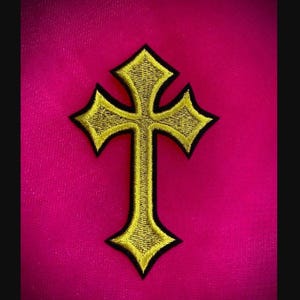 Gold Black Iron On Embroidered Cross Patch Applique 4&quot;