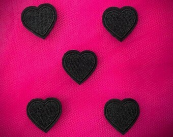 Small Black Heart Appliques Set of 5 Embroidered Patch Iron On 1"