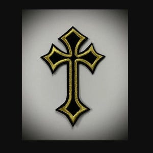 Black Gold Iron On Embroidered Cross Patch Applique 4&quot;