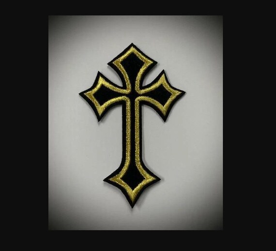 Black Gold Iron on Embroidered Cross Patch Applique 4