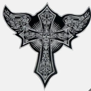 May include: A black and white cross-shaped design with ornate detailing and wing-like extensions. The design features intricate patterns and radial lines emanating from the center, creating a striking visual effect. The overall aesthetic is gothic and symbolic.