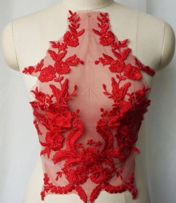 Large Red Lace Embroidered Bodice Floral Dress Applique 20"x 12.5" - Etsy