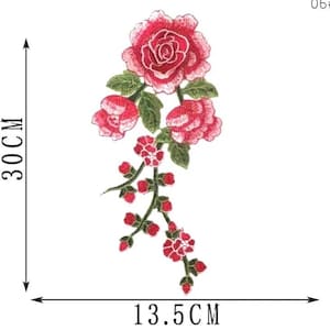 May include: Embroidered floral patch featuring a cluster of red roses and buds with green leaves. The patch measures 11.8 inches in height and 5.3 inches in width. The design includes a large rose at the top, smaller roses, and a trailing stem of buds.