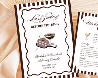 Last Swing Before The Ring – Bachelorette Canva Invite + Full Weekend Itinerary, Packing List & Players Card, Digital Download