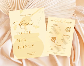 She Found Her Honey – Bachelorette Invitation and Full Weekend Itinerary, Butter Yellow Editable Canva Invite, Digital Download