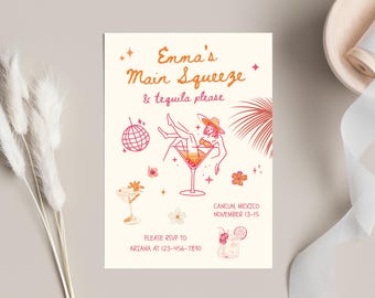 Pink and Orange Girls Trip Invitation & Weekend Schedule | Tequila Sunrise Cancun Theme | Editable Canva Template