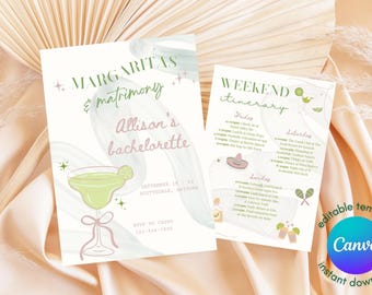 Margaritas and Matrimony Girls Trip Invitation, Green and Pink Bachelorette Full Weekend Itinerary, Scottsdale Theme Editable Canva Template