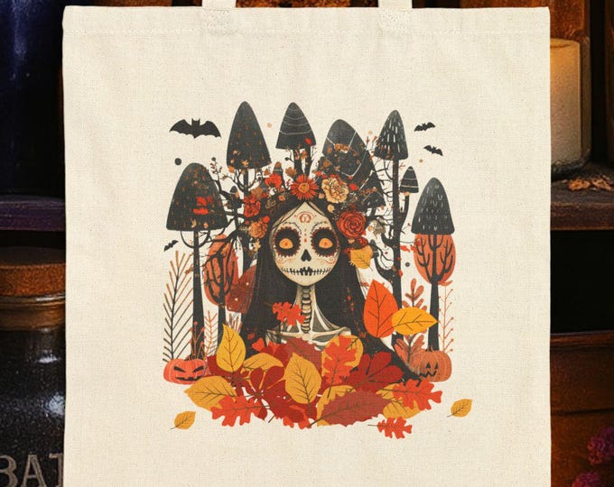 Autumn Skeleton Canvas Tote Bag: Spooky Forest Witch Design